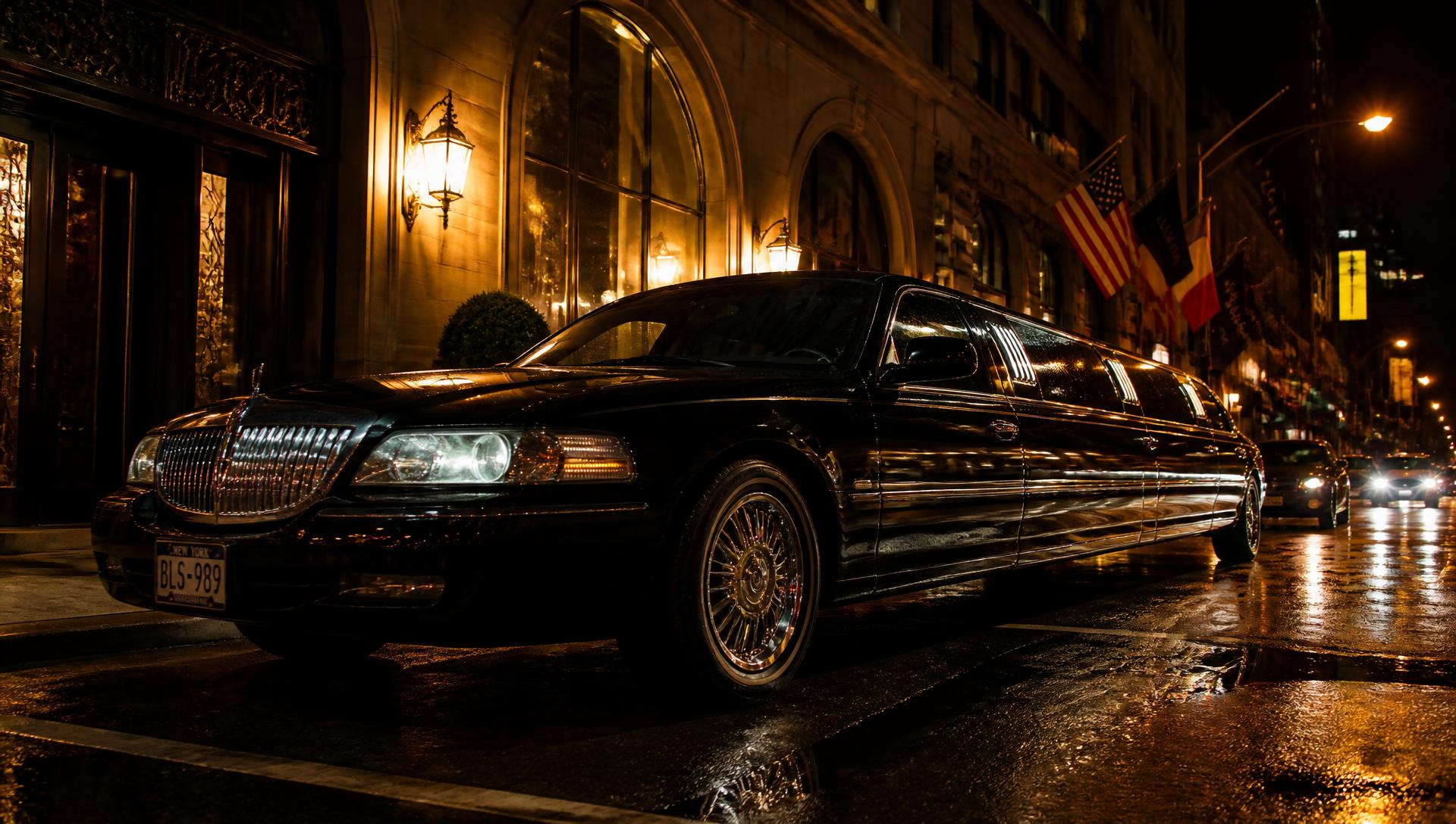 Black stretch limousine waiting outside a hotel at night